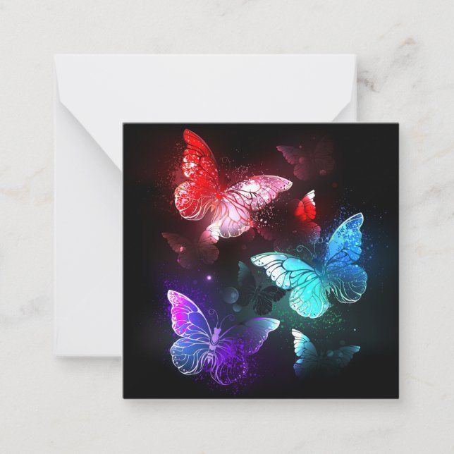 Three Glowing Butterflies on night background Note Card (Front)