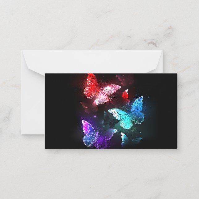 Three Glowing Butterflies on night background Note Card (Front)