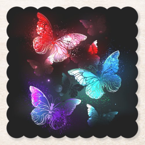 Three Glowing Butterflies on night background Paper Coaster