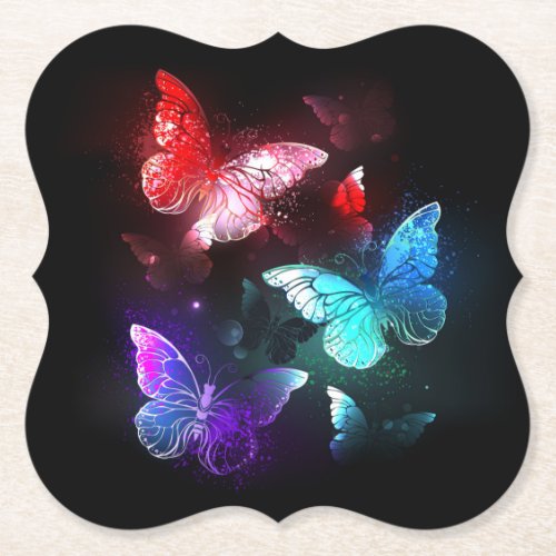 Three Glowing Butterflies on night background Paper Coaster