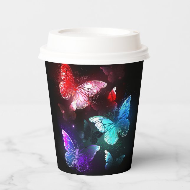 Three Glowing Butterflies on night background Paper Cups (Front)