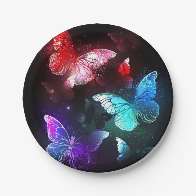 Three Glowing Butterflies on night background Paper Plates (Front)