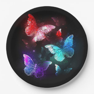 Three Glowing Butterflies on night background Paper Plates