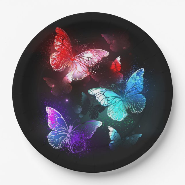 Three Glowing Butterflies on night background Paper Plates (Front)