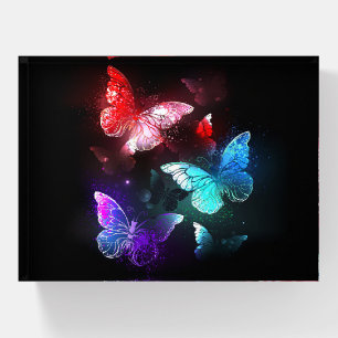 Three Glowing Butterflies on night background Paperweight
