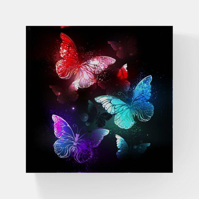 Three Glowing Butterflies on night background Paperweight (Front)