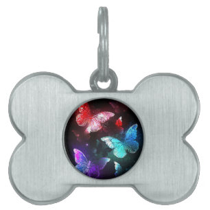 Three Glowing Butterflies on night background Pet ID Tag