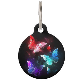 Three Glowing Butterflies on night background Pet ID Tag