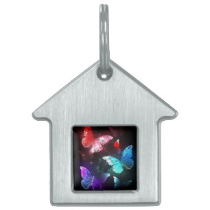 Three Glowing Butterflies on night background Pet ID Tag