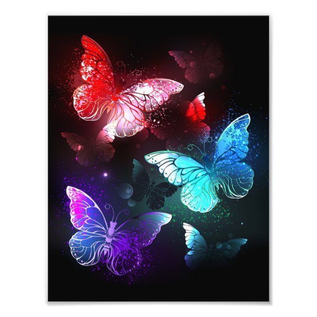 Three Glowing Butterflies on night background Photo Print (Front)