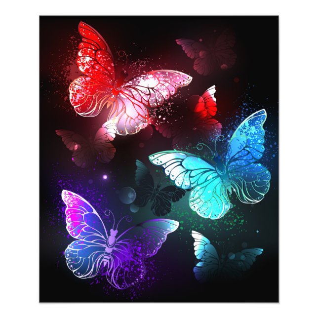 Three Glowing Butterflies on night background Photo Print (Front)