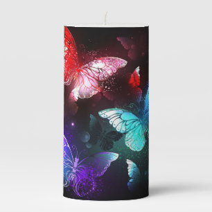 Three Glowing Butterflies on night background Pillar Candle