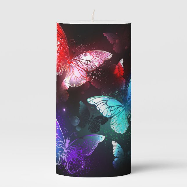 Three Glowing Butterflies on night background Pillar Candle (Front)