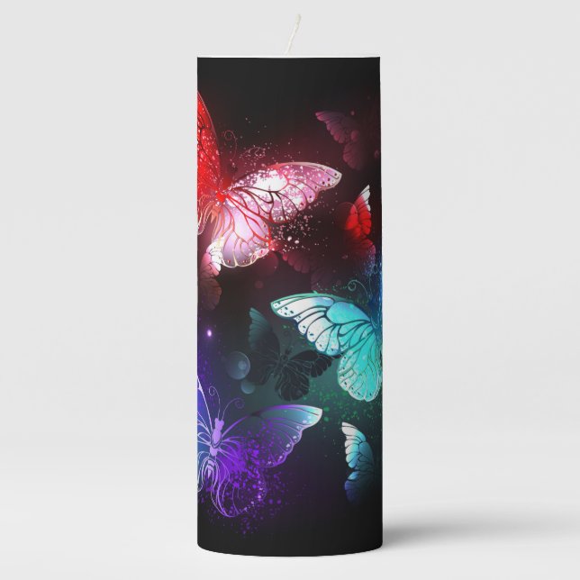 Three Glowing Butterflies on night background Pillar Candle (Front)