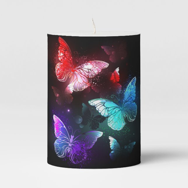 Three Glowing Butterflies on night background Pillar Candle (Front)