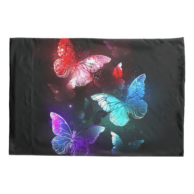 Three Glowing Butterflies on night background Pillow Case (Back)