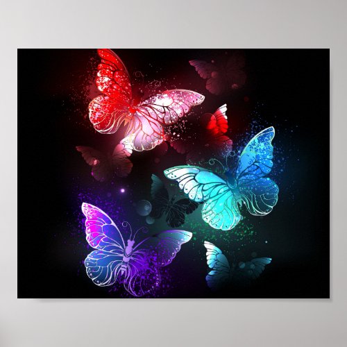 Three Glowing Butterflies on night background Poster