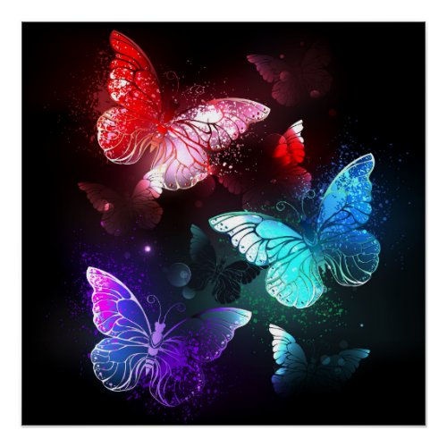 Three Glowing Butterflies on night background Poster