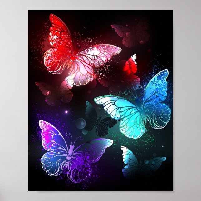 Three Glowing Butterflies on night background Poster (Front)