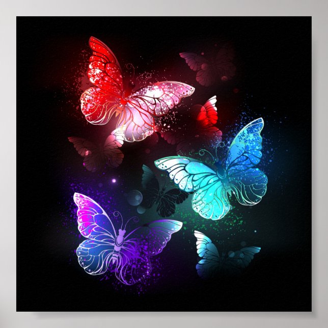 Three Glowing Butterflies on night background Poster (Front)