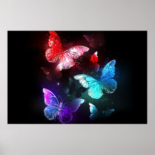 Three Glowing Butterflies on night background Poster
