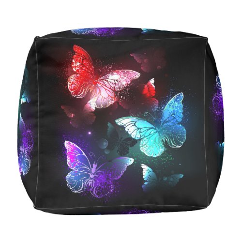 Three Glowing Butterflies on night background Pouf