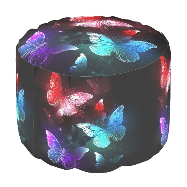 Three Glowing Butterflies on night background Pouf (Angled Back)