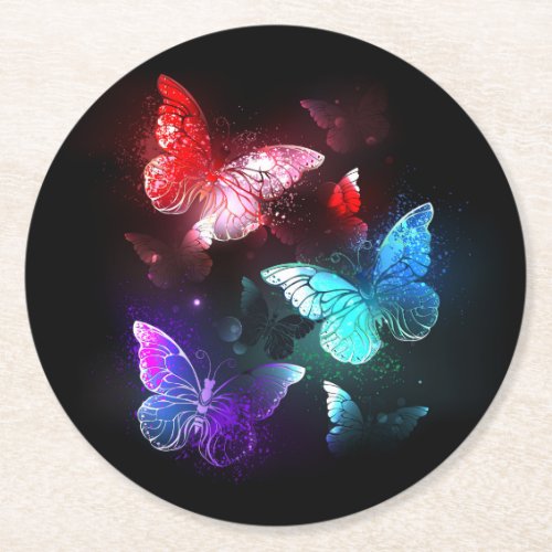 Three Glowing Butterflies on night background Round Paper Coaster