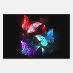 Three Glowing Butterflies on night background Sign