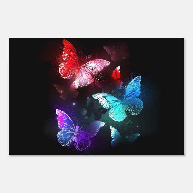Three Glowing Butterflies on night background Sign (Front)