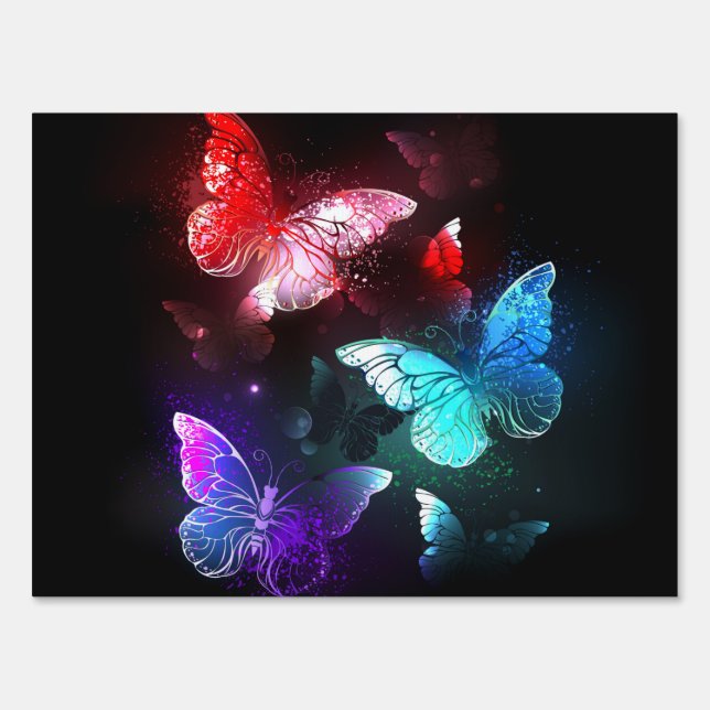 Three Glowing Butterflies on night background Sign (Front)