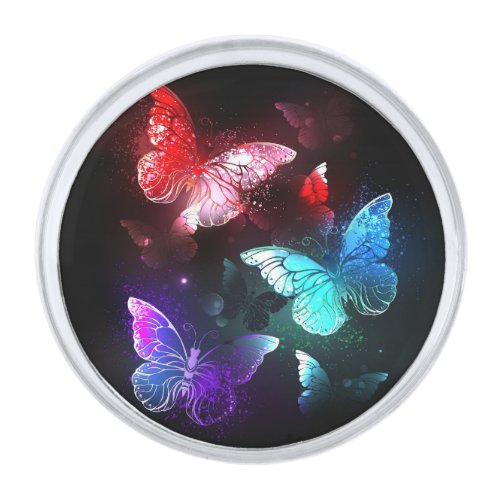 Three Glowing Butterflies on night background Silver Finish Lapel Pin