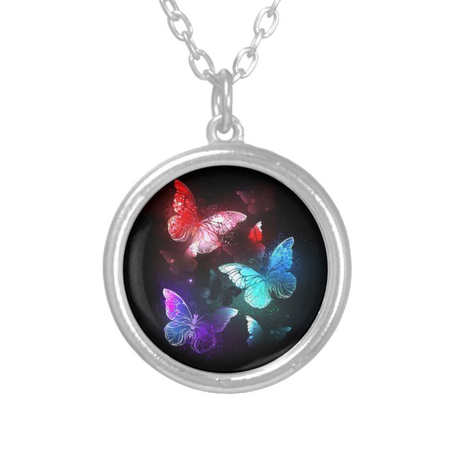 Three Glowing Butterflies on night background Silver Plated Necklace (Front)