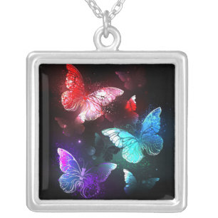 Three Glowing Butterflies on night background Silver Plated Necklace