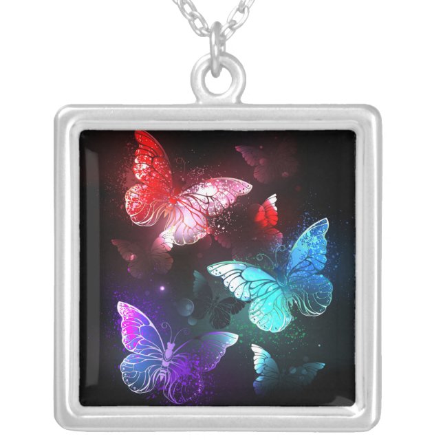 Three Glowing Butterflies on night background Silver Plated Necklace (Front)