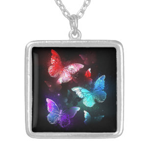 Three Glowing Butterflies on night background Silver Plated Necklace