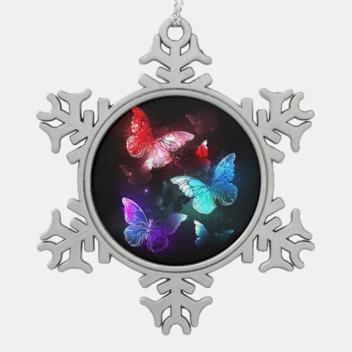 Three Glowing Butterflies on night background Snowflake Pewter Christmas Ornament