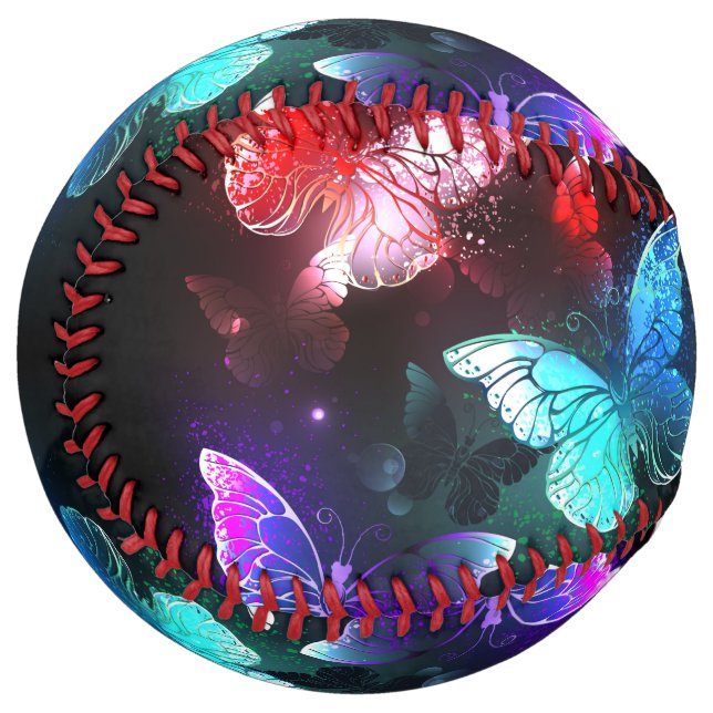 Three Glowing Butterflies on night background Softball (Front Left)