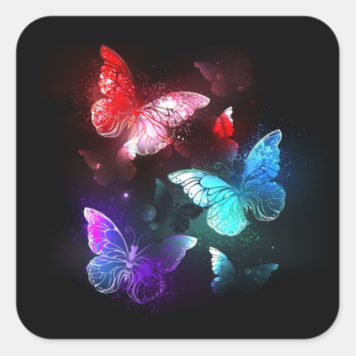 Three Glowing Butterflies on night background Square Sticker