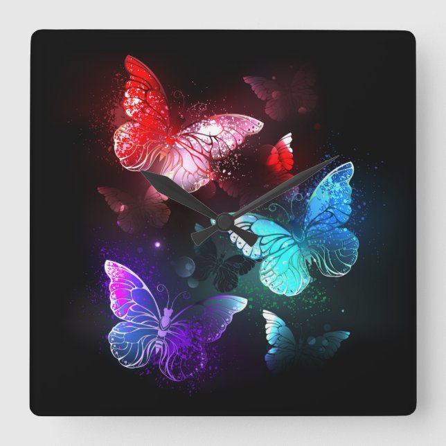 Three Glowing Butterflies on night background Square Wall Clock (Front)