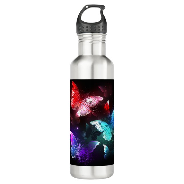 Three Glowing Butterflies on night background Stainless Steel Water Bottle (Front)