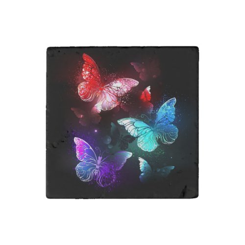 Three Glowing Butterflies on night background Stone Magnet