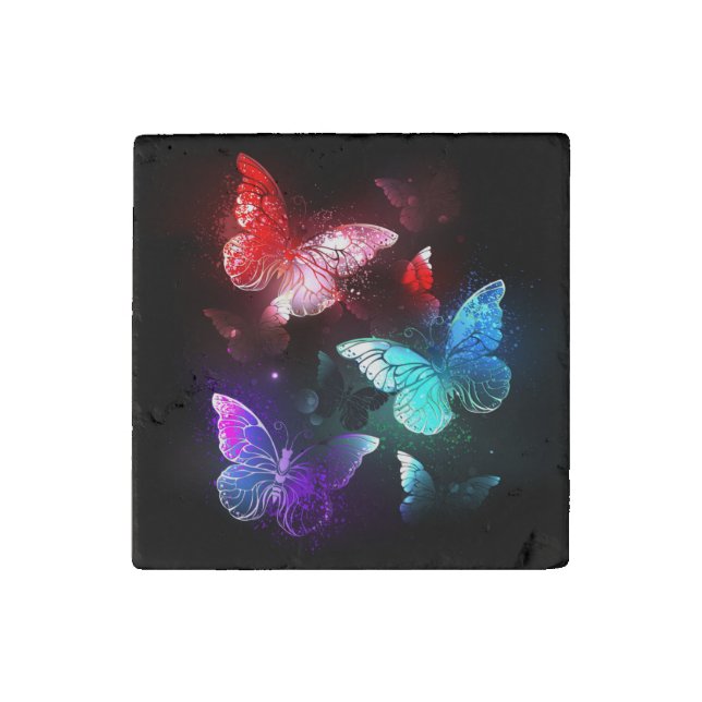 Three Glowing Butterflies on night background Stone Magnet (Front)