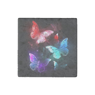 Three Glowing Butterflies on night background Stone Magnet