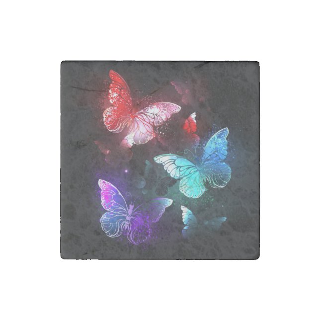Three Glowing Butterflies on night background Stone Magnet (Front)