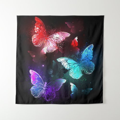 Three Glowing Butterflies on night background Tapestry