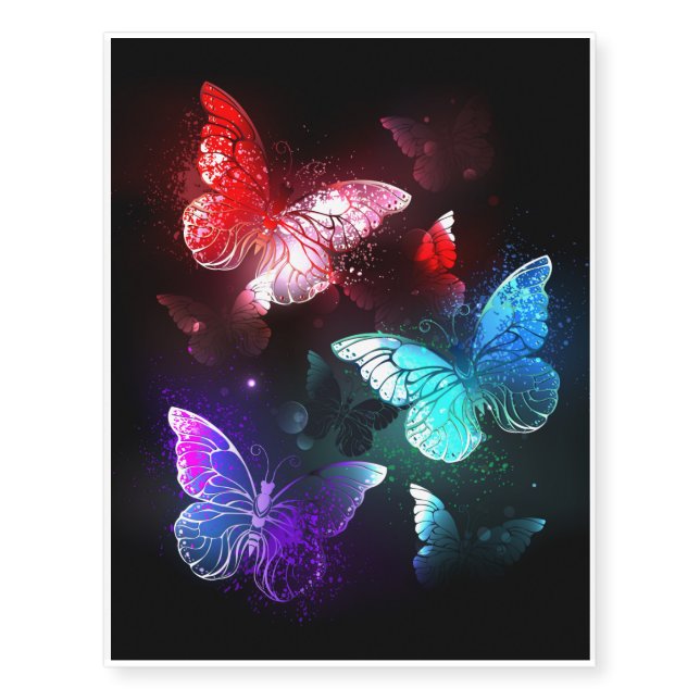 Three Glowing Butterflies on night background Temporary Tattoos (Front)