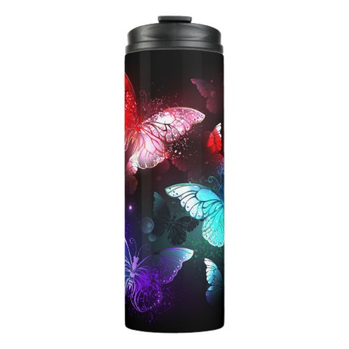 Three Glowing Butterflies on night background Thermal Tumbler