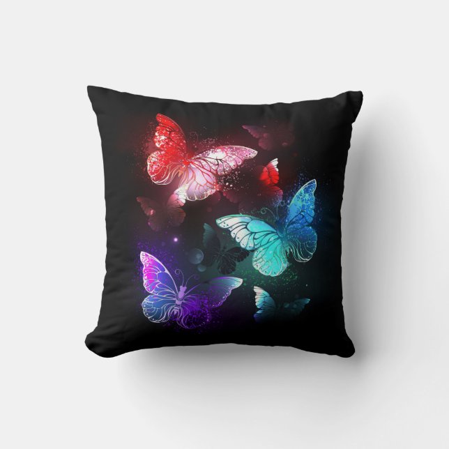 Three Glowing Butterflies on night background Throw Pillow (Front)