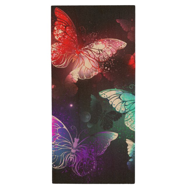 Three Glowing Butterflies on night background Wood Flash Drive (Front Vertical)